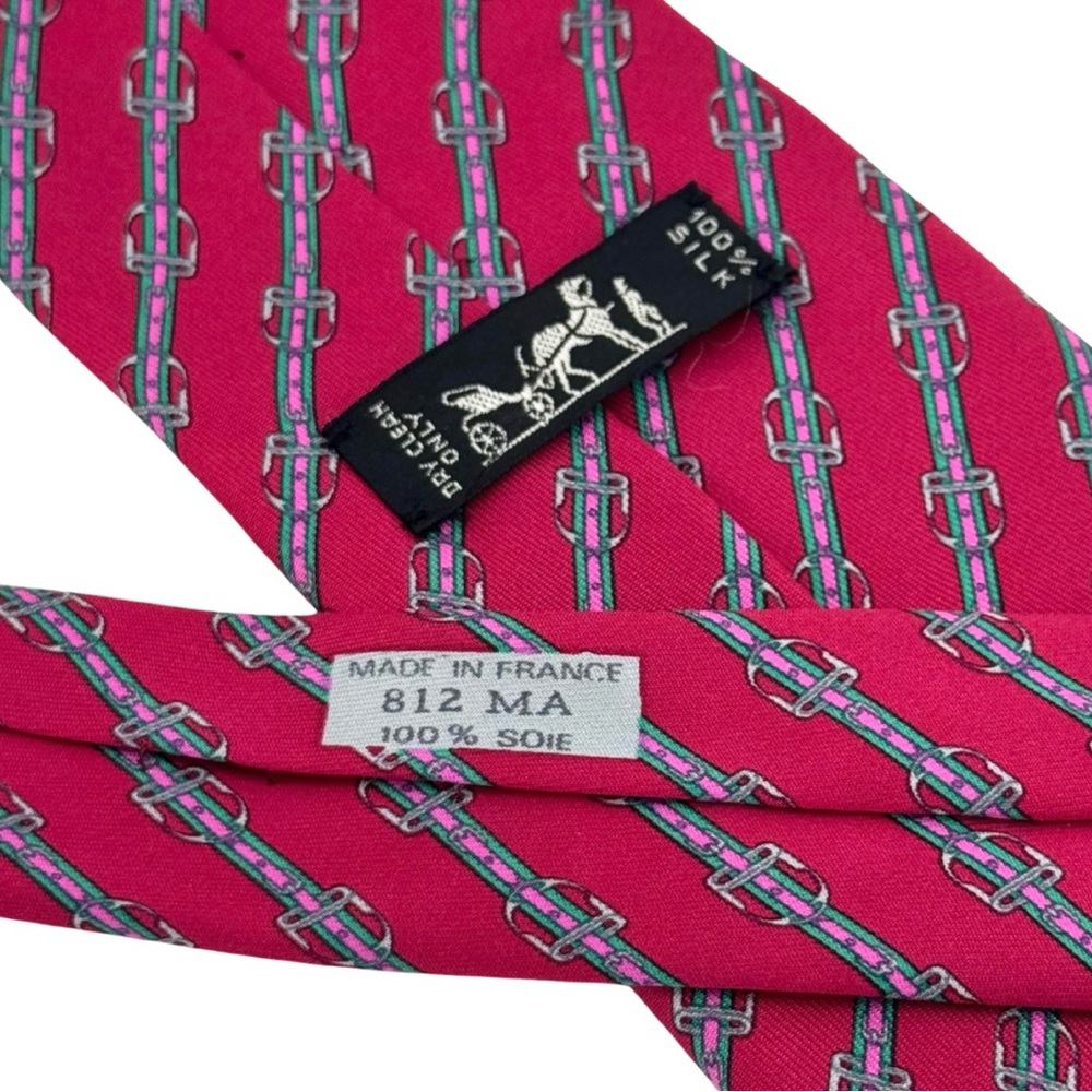 Hermes 100% Silk Mens Neck Tie Red Diagonal Belt Print Pattern 812 Luxury France - Picture 5 of 5